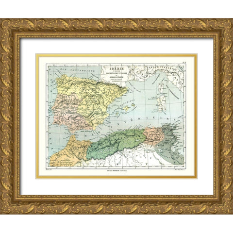Iberian Peninsula Spain Africa - Cortambert 1880 Gold Ornate Wood Framed Art Print with Double Matting by Cortambert