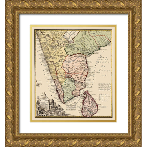 Indian Peninsula Sri Lanka Asia - Homann 1733 Gold Ornate Wood Framed Art Print with Double Matting by Homann