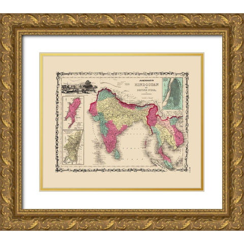 Hindostan British India - Johnson 1860 Gold Ornate Wood Framed Art Print with Double Matting by Johnson