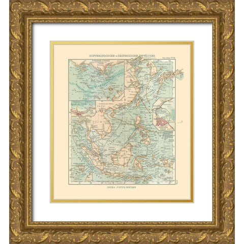 Asia Indian Ocean Yellow Sea - Perthes 1914 Gold Ornate Wood Framed Art Print with Double Matting by Perthes