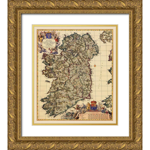 Ireland - Visscher 1689 Gold Ornate Wood Framed Art Print with Double Matting by Visscher