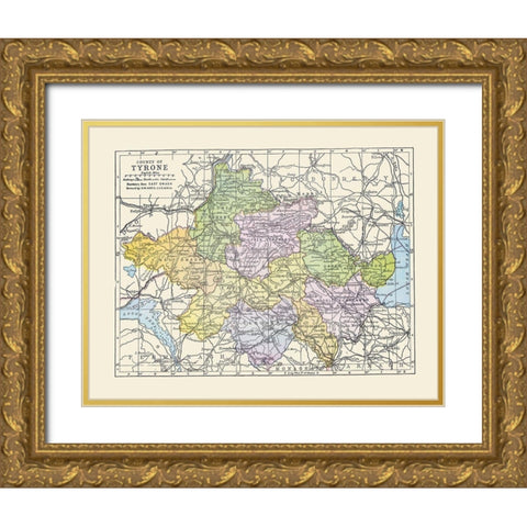 Tyrone County Ireland - Bartholomew 1882 Gold Ornate Wood Framed Art Print with Double Matting by Bartholomew