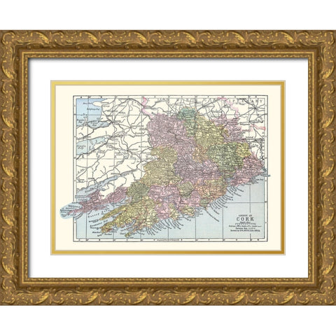 Cork County Ireland - Bartholomew 1882 Gold Ornate Wood Framed Art Print with Double Matting by Bartholomew