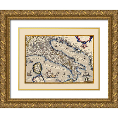 Italy - Ortelius 1570 Gold Ornate Wood Framed Art Print with Double Matting by Ortelius