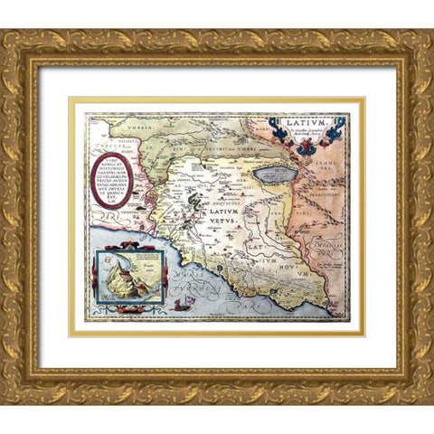 Lazio Italy - Ortelius 1570 Gold Ornate Wood Framed Art Print with Double Matting by Ortelius