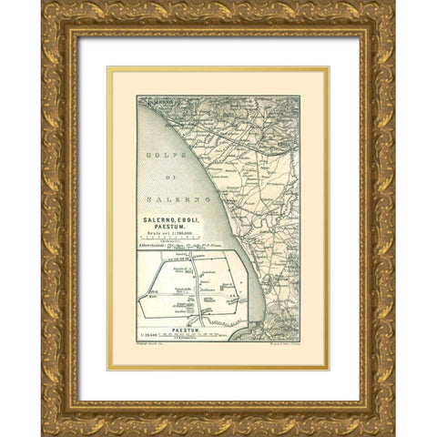 Salerno Eboli Paestrum Italy - Baedeker 1880 Gold Ornate Wood Framed Art Print with Double Matting by Baedeker