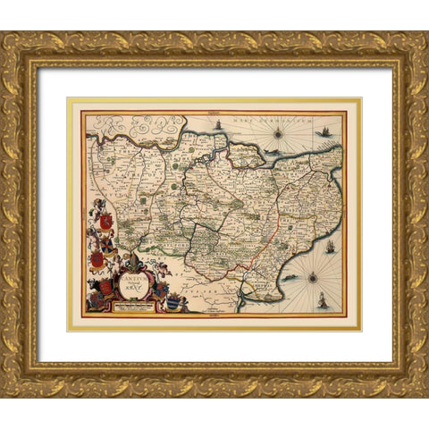 Kent County England - Blaeu 1646 Gold Ornate Wood Framed Art Print with Double Matting by Blaeu