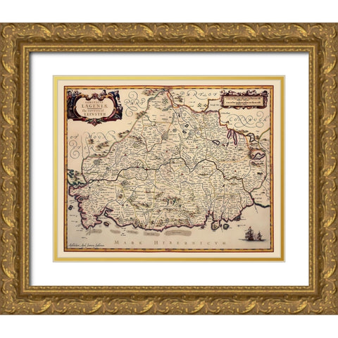 Leinster Province Ireland - Jansson 1646 Gold Ornate Wood Framed Art Print with Double Matting by Jansson