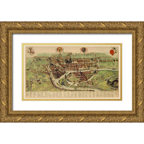 Benelux Liege Belgium Panoramic - Blaeu 1649 Gold Ornate Wood Framed Art Print with Double Matting by Blaeu