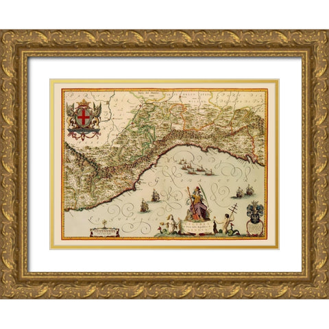 Liguria Region Italy - Blaeu 1640 Gold Ornate Wood Framed Art Print with Double Matting by Blaeu