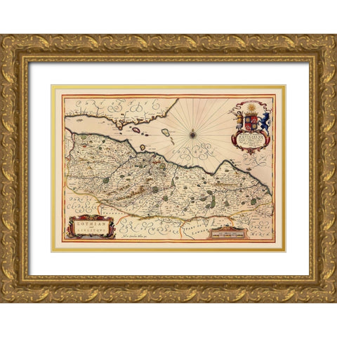 Lothian Region Scotland - Blaeu 1640 Gold Ornate Wood Framed Art Print with Double Matting by Blaeu