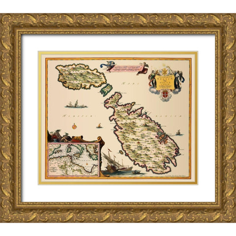 Mediterranean Malta - Visscher 1681 Gold Ornate Wood Framed Art Print with Double Matting by Visscher