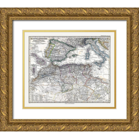 Mediterranean Sea North Africa - Stieler 1885 Gold Ornate Wood Framed Art Print with Double Matting by Stieler