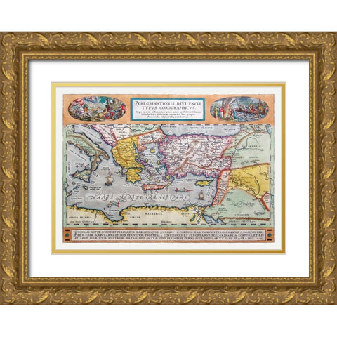 Journeys of Paul Middle East - Ortelius 1570 Gold Ornate Wood Framed Art Print with Double Matting by Ortelius