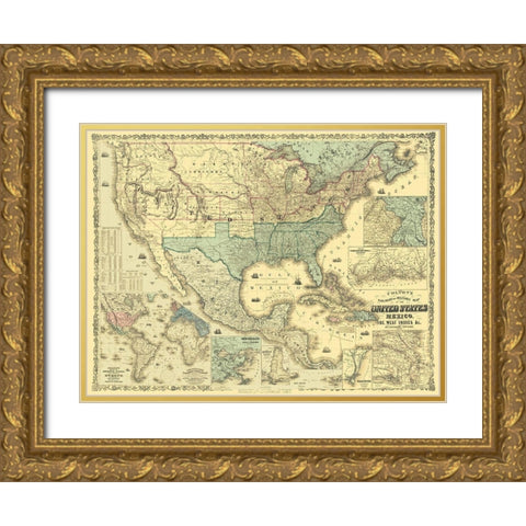 West Indies United States Mexico - Colton 1862 Gold Ornate Wood Framed Art Print with Double Matting by Colton