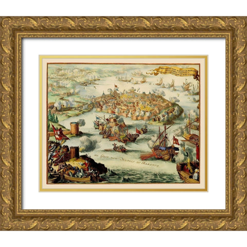 Nafplio Conquest Greece - DeHooghe 1686 Gold Ornate Wood Framed Art Print with Double Matting by De Hooghe