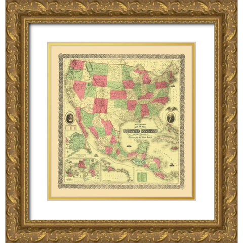 United States, Territories, Mexico, Caribbean 1872 Gold Ornate Wood Framed Art Print with Double Matting by Bridgman