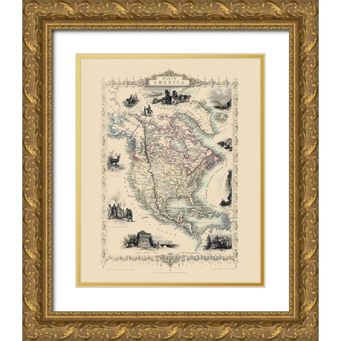 North America - Tallis 1851 Gold Ornate Wood Framed Art Print with Double Matting by Tallis