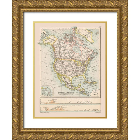 North America United States Mexico Canada Gold Ornate Wood Framed Art Print with Double Matting by Bartholomew