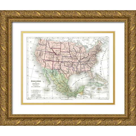 North America United States Mexico Gold Ornate Wood Framed Art Print with Double Matting by Cortambert