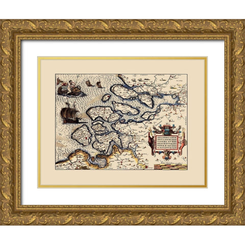Holland Netherlands - Ortelius 1573 Gold Ornate Wood Framed Art Print with Double Matting by Ortelius