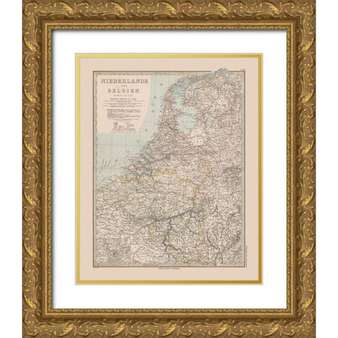 Europe Netherlands Belgium - Stieler 1885 Gold Ornate Wood Framed Art Print with Double Matting by Stieler
