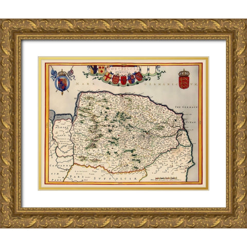 Norfolk England - Blaeu 1646 Gold Ornate Wood Framed Art Print with Double Matting by Blaeu