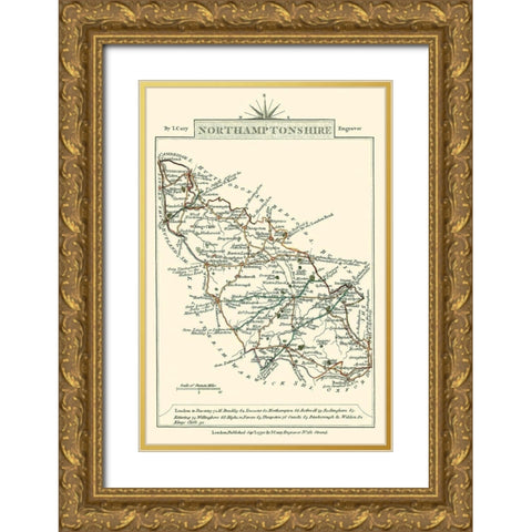 Northamptonshire County England - Cary 1792 Gold Ornate Wood Framed Art Print with Double Matting by Cary