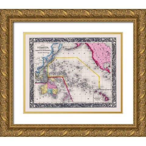 Oceania Divisions Island Groups - Mitchell 1860 Gold Ornate Wood Framed Art Print with Double Matting by Mitchell