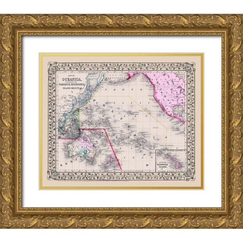 Oceania Divisions Island Groups - Mitchell 1867 Gold Ornate Wood Framed Art Print with Double Matting by Mitchell