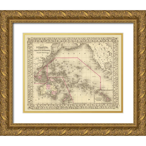 Oceania Island Groups - Mitchell 1879  Gold Ornate Wood Framed Art Print with Double Matting by Mitchell