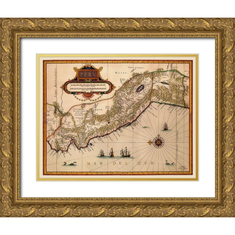 South America Peru - Blaeu 1630 Gold Ornate Wood Framed Art Print with Double Matting by Blaeu