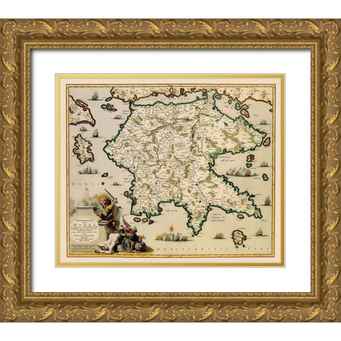 Peloponnese Peninsula Greece - Visscher 1681 Gold Ornate Wood Framed Art Print with Double Matting by Visscher