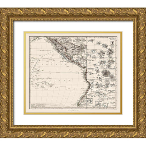 Pacific Polynesia Oceania - Petermann 1872 Gold Ornate Wood Framed Art Print with Double Matting by Petermann
