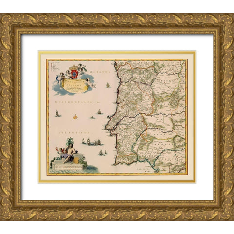 Iberian Peninsula Portugal - Visscher 1681 Gold Ornate Wood Framed Art Print with Double Matting by Visscher