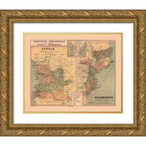 Portuguese Possessions Africa Mozambique Angola Gold Ornate Wood Framed Art Print with Double Matting by Martine