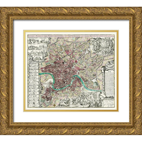 Rome Italy Panoramic - 1745 Gold Ornate Wood Framed Art Print with Double Matting by Unknown