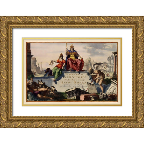 Rome Italy Title Page - Visscher 1681 Gold Ornate Wood Framed Art Print with Double Matting by Visscher