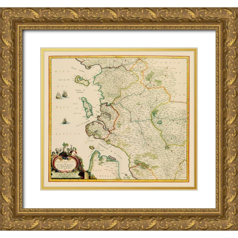 Saintonge Province France - Blaeu 1662 Gold Ornate Wood Framed Art Print with Double Matting by Blaeu