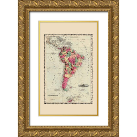 South America - Johnson 1860 Gold Ornate Wood Framed Art Print with Double Matting by Johnson