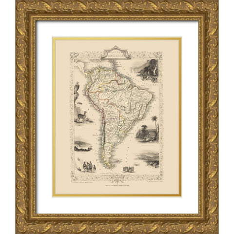 South America - Tallis 1851 Gold Ornate Wood Framed Art Print with Double Matting by Tallis