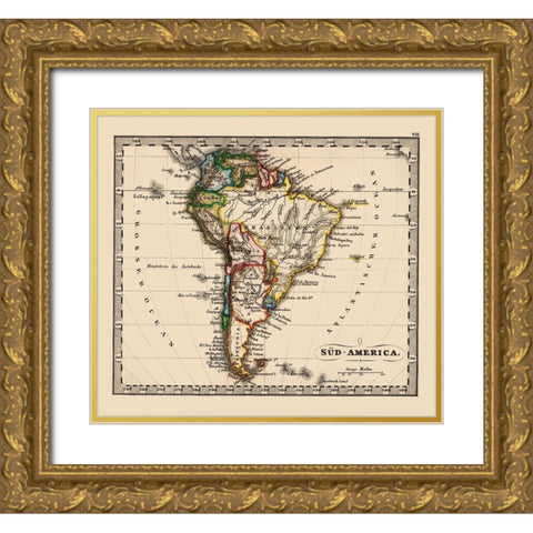 South America - Stieler 1852 Gold Ornate Wood Framed Art Print with Double Matting by Stieler