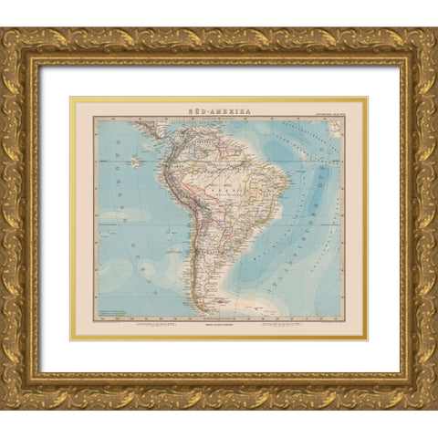 South America - Stieler 1885 Gold Ornate Wood Framed Art Print with Double Matting by Stieler
