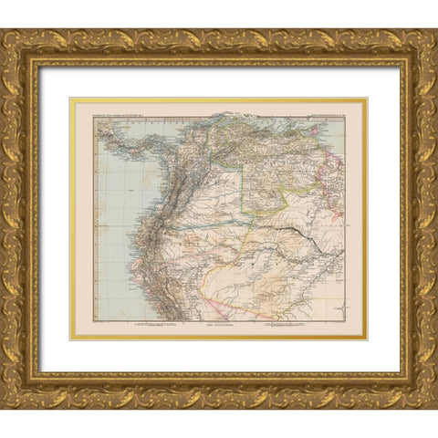 North South America - Stieler 1885 Gold Ornate Wood Framed Art Print with Double Matting by Stieler