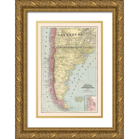 South America Chile Argentina Uruguay - Cram 1892 Gold Ornate Wood Framed Art Print with Double Matting by Cram