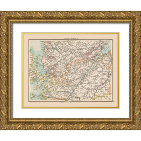 Highlands Scotland - Bartholomew 1892 Gold Ornate Wood Framed Art Print with Double Matting by Bartholomew