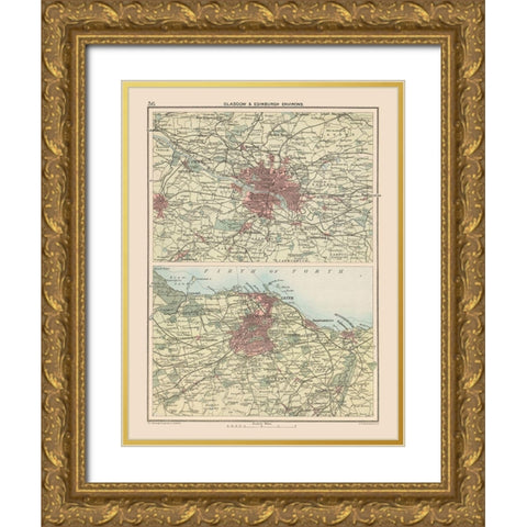Glasgow Edinburgh Scotland - Bartholomew 1892 Gold Ornate Wood Framed Art Print with Double Matting by Bartholomew