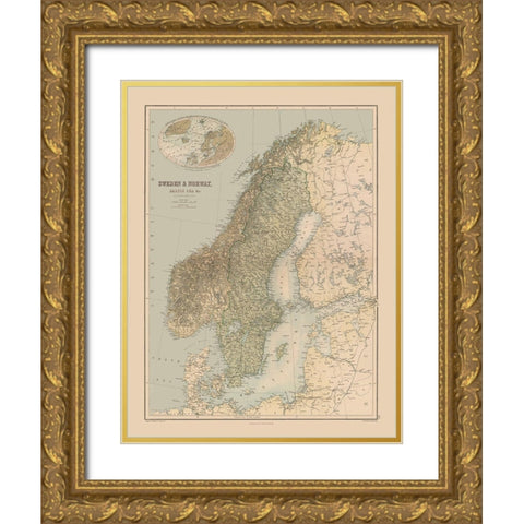 Europe Sweden Norway - Black 1867 Gold Ornate Wood Framed Art Print with Double Matting by Black