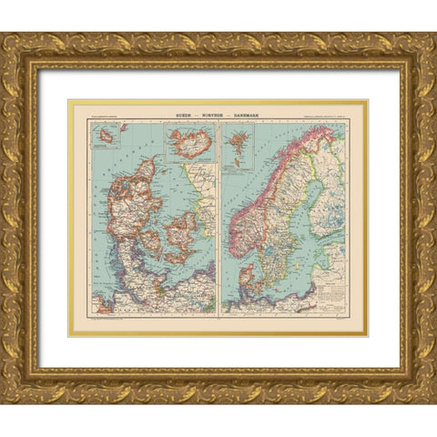 Europe Sweden Norway Denmark - Schrader 1908 Gold Ornate Wood Framed Art Print with Double Matting by Schrader
