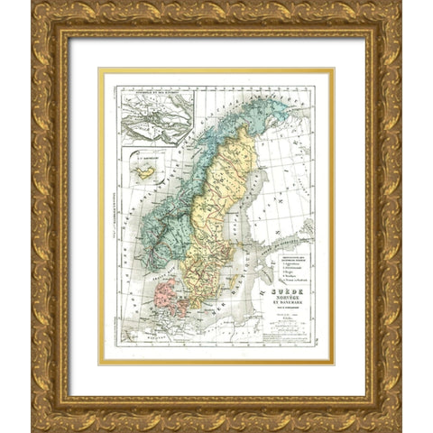 Europe Sweden Norway Denmark - Cortambert 1880 Gold Ornate Wood Framed Art Print with Double Matting by Cortambert